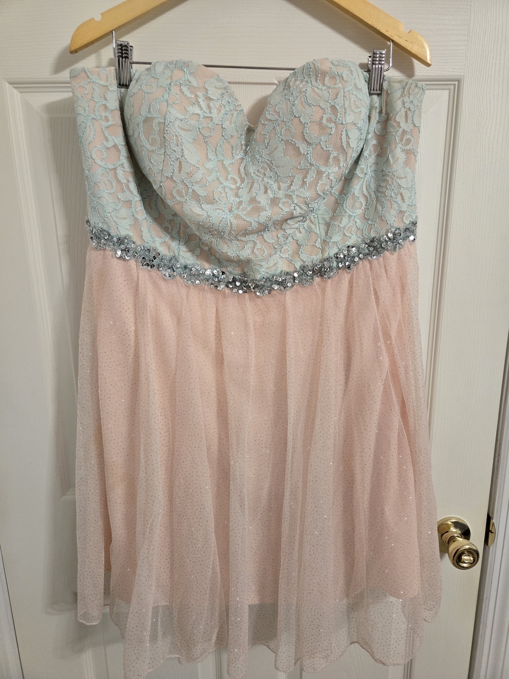 Deb Sweetheart Lace And Chiffon Formal Mini Dress in Pink & Blue Size 20
